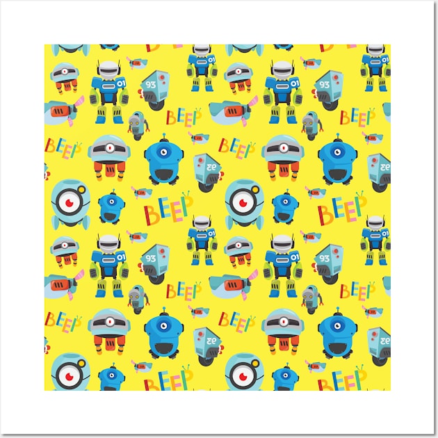 Robot seamless pattern yellow background Wall Art by artsytee